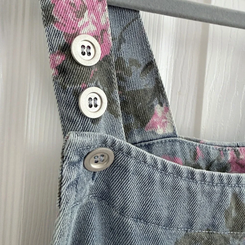 BIB! Floral Denim Shortalls Women XL Blue Pink Rose Print 100% Cotton NWT